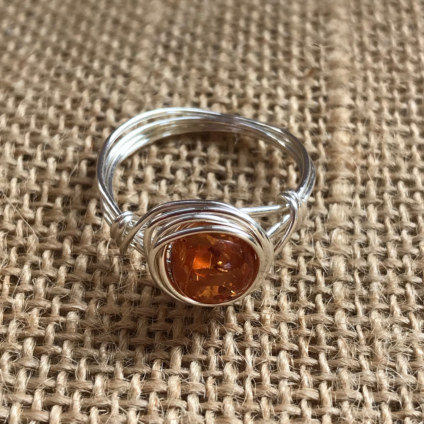 Silver Amber Wire Wrapped Ring