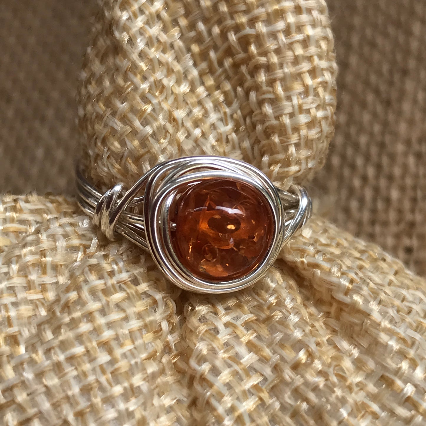 Silver Amber Wire Wrapped Ring