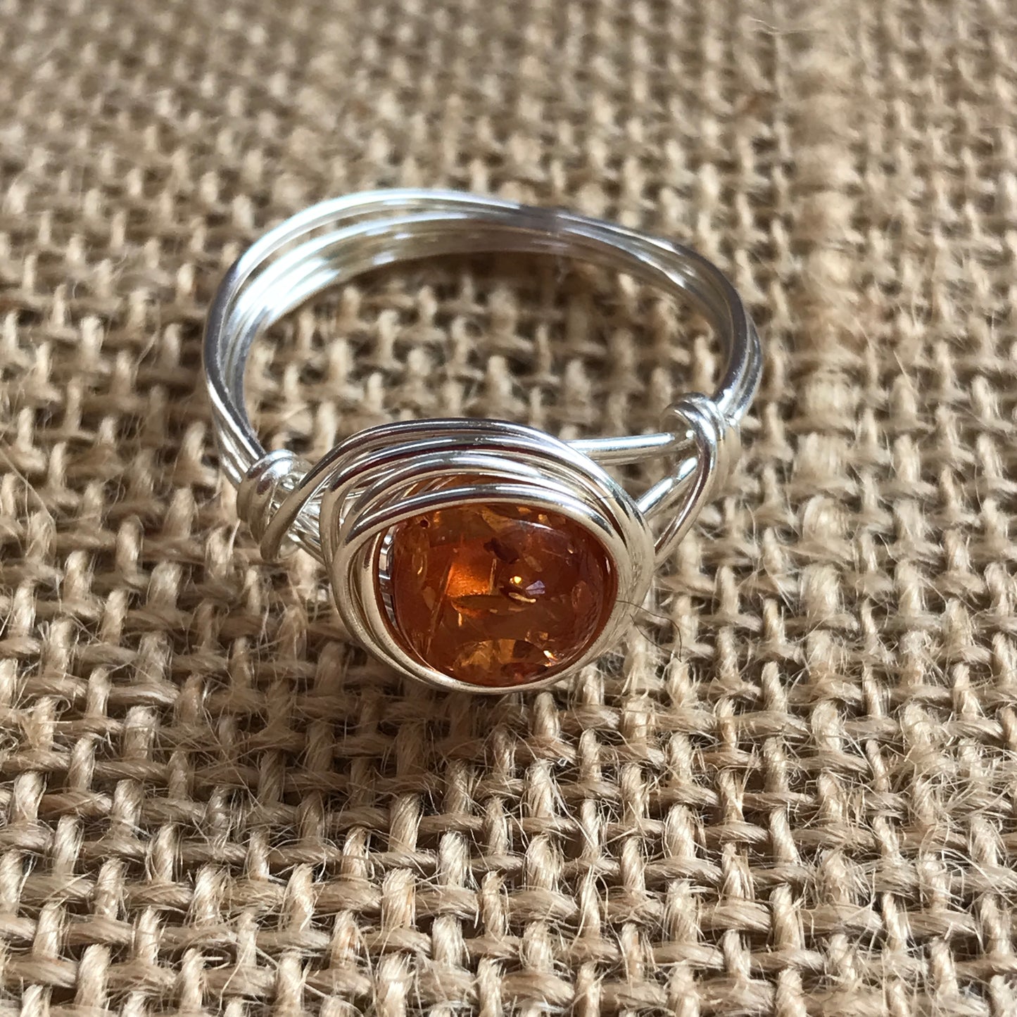Silver Amber Wire Wrapped Ring