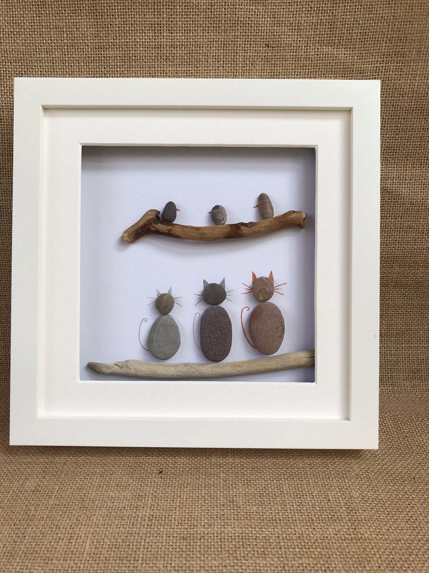 Three Cats & Three Birds Pebble Art Picture