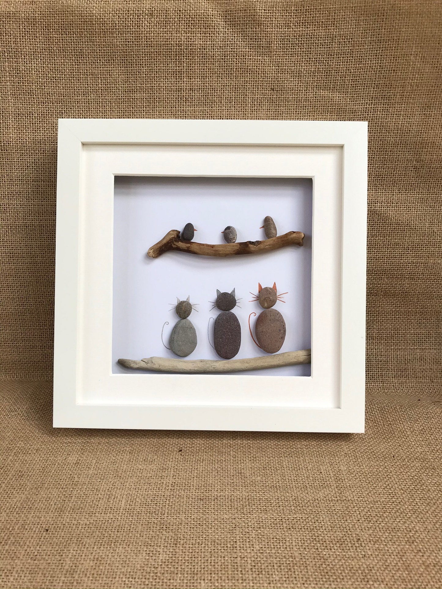 3 Cats 3 Birds Pebble Art Picture