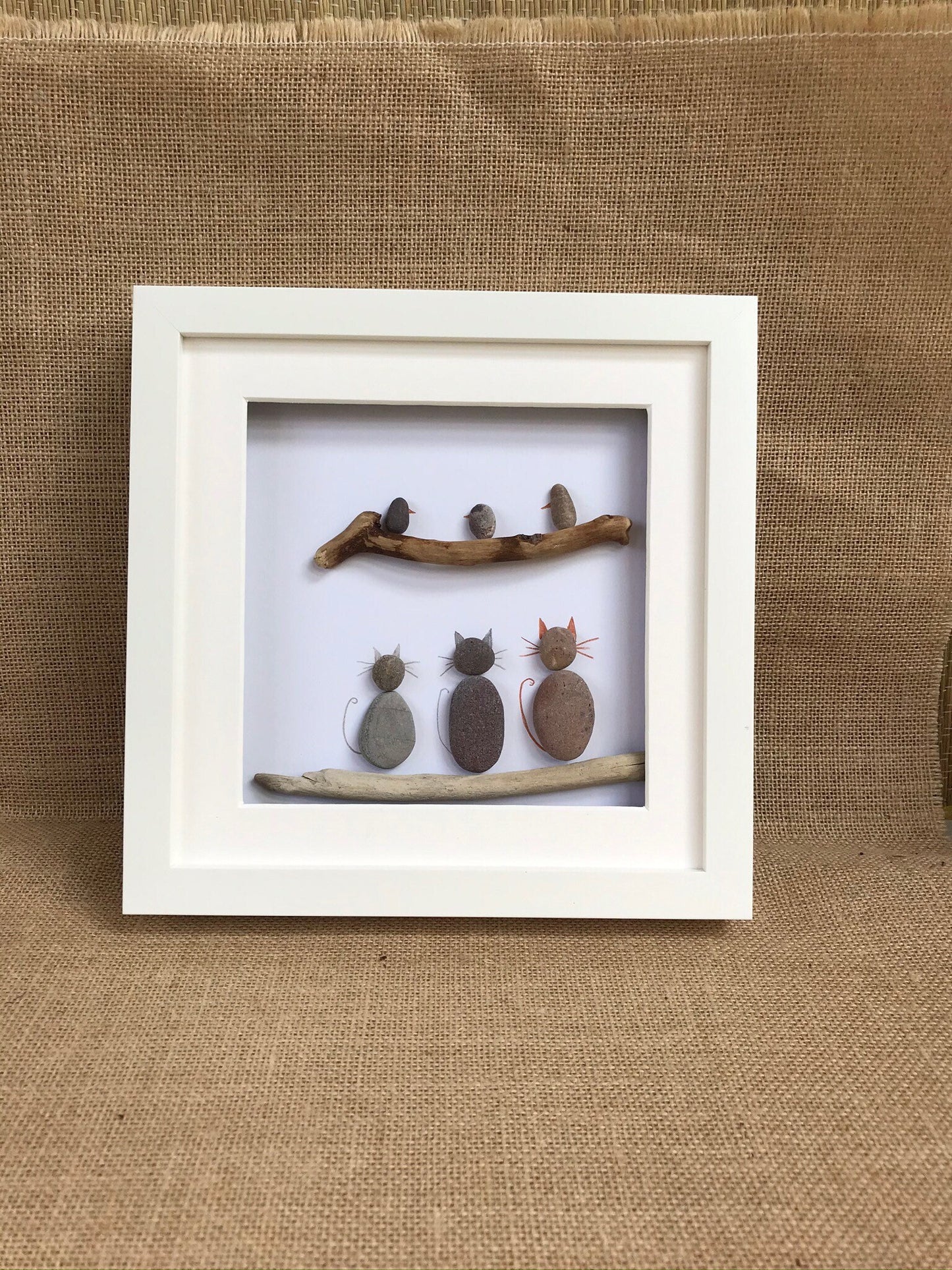 Three Cats & Three Birds Pebble Art Picture