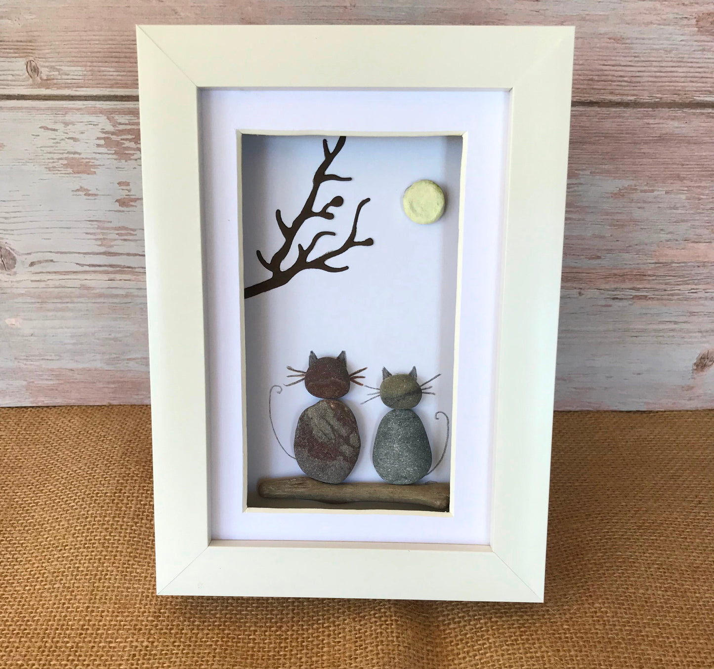 Cat and Moon Pebble Art Picture