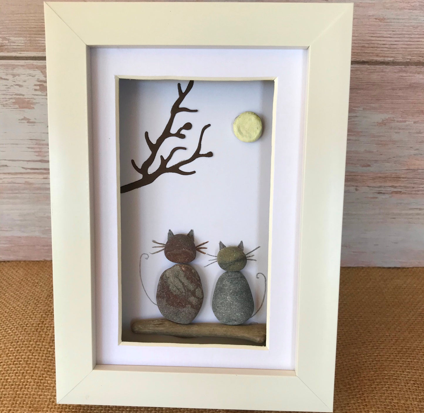 Cat and Moon Pebble Art Picture