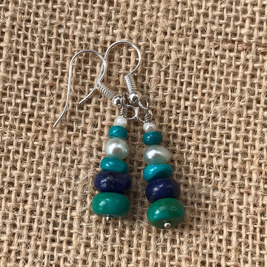 Turquoise, Lapis and Pearl Earrings