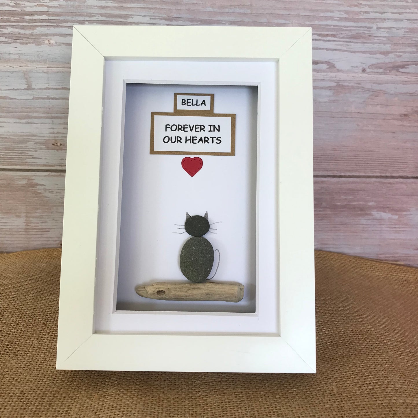 Handmade Cat Memorial Pebble Art Picture