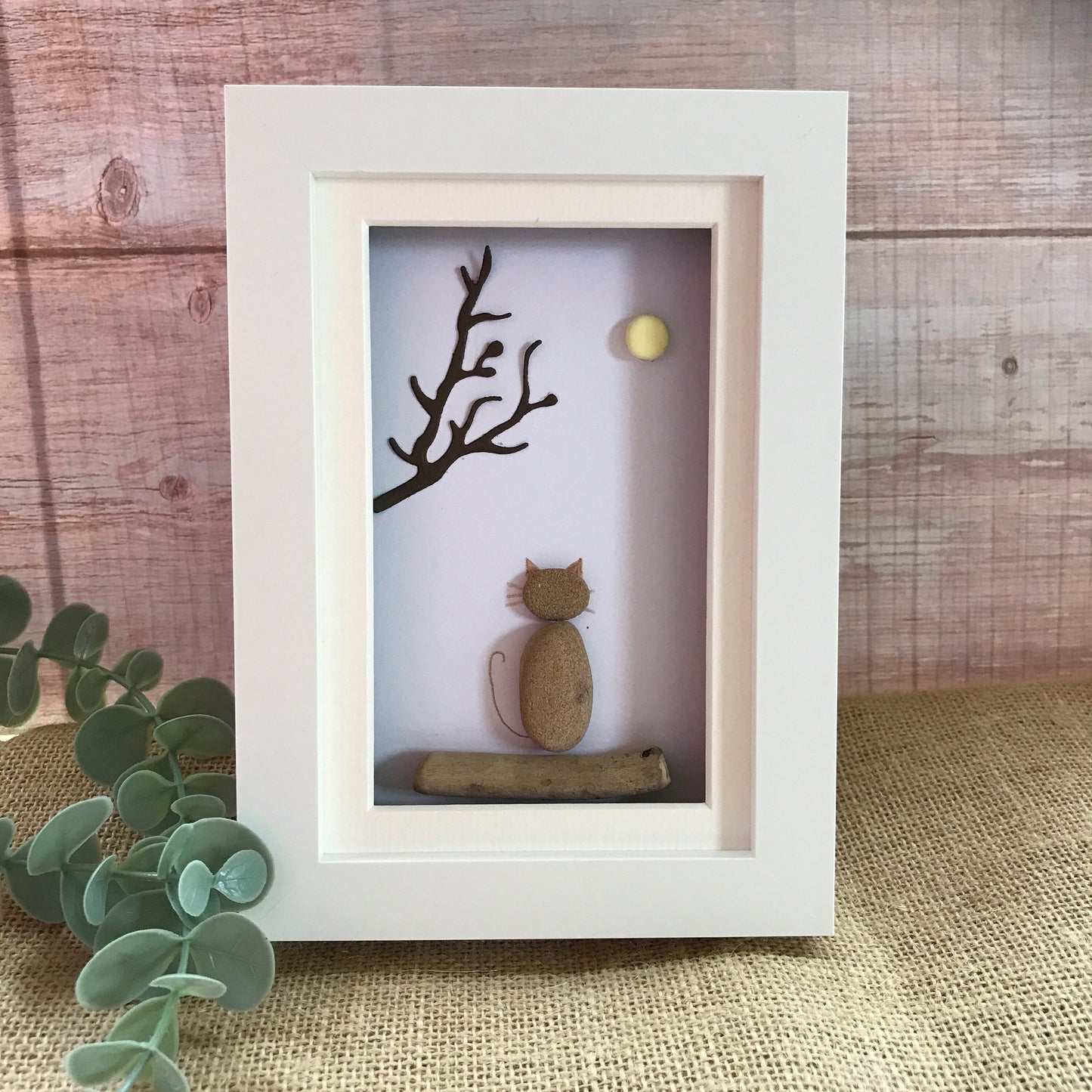 Cat and Moon Pebble Art Picture