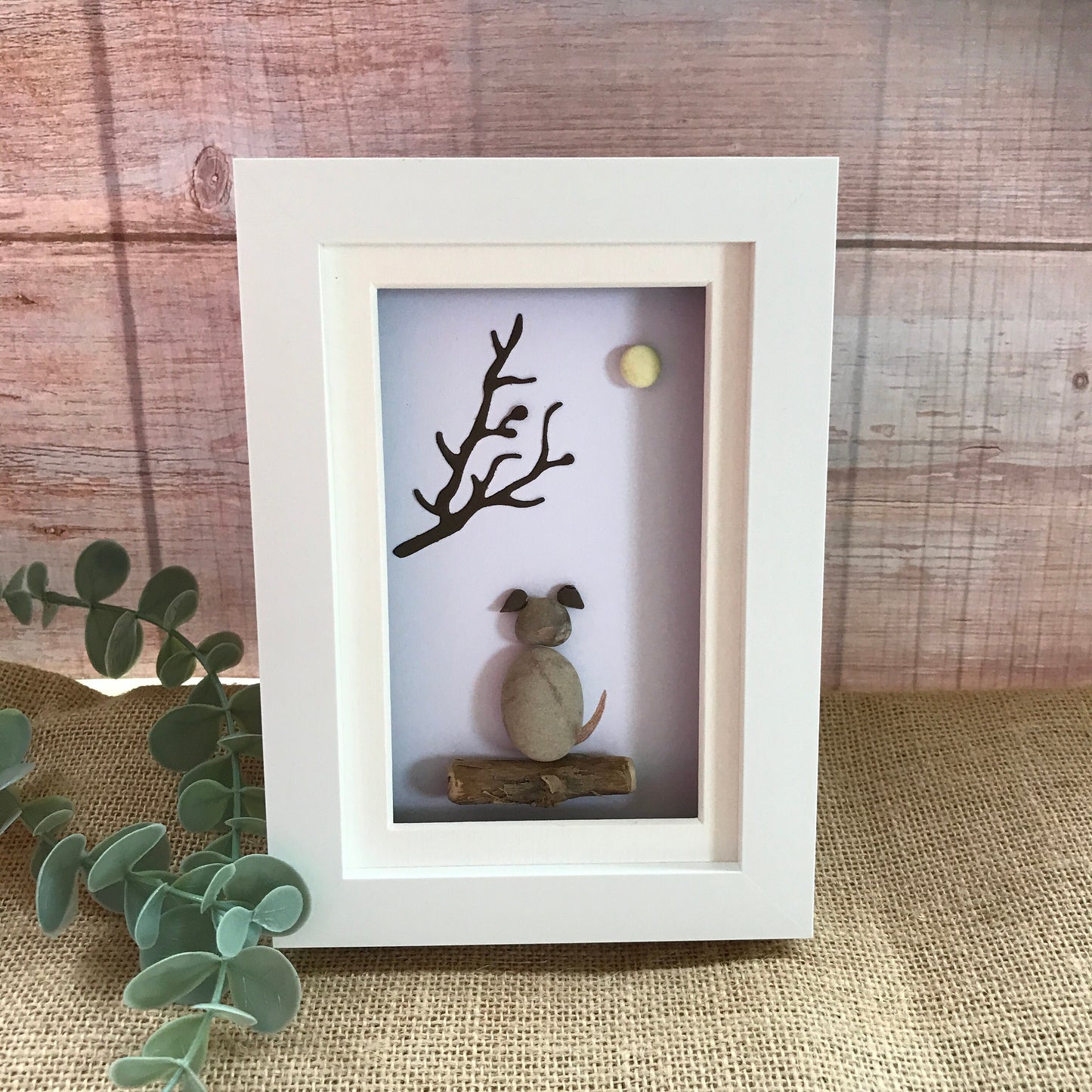 Handmade Dog and Moon Pebble Art Picture