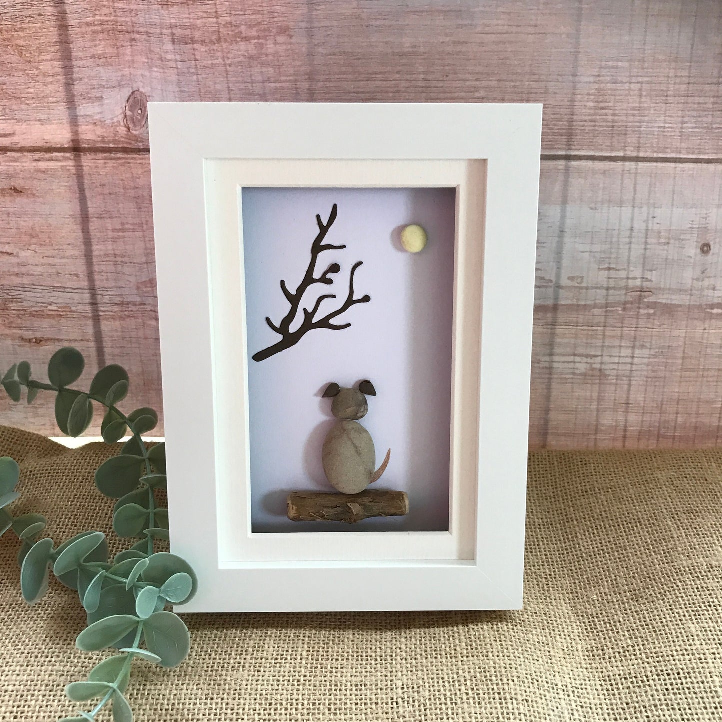 Handmade Dog and Moon Pebble Art Picture