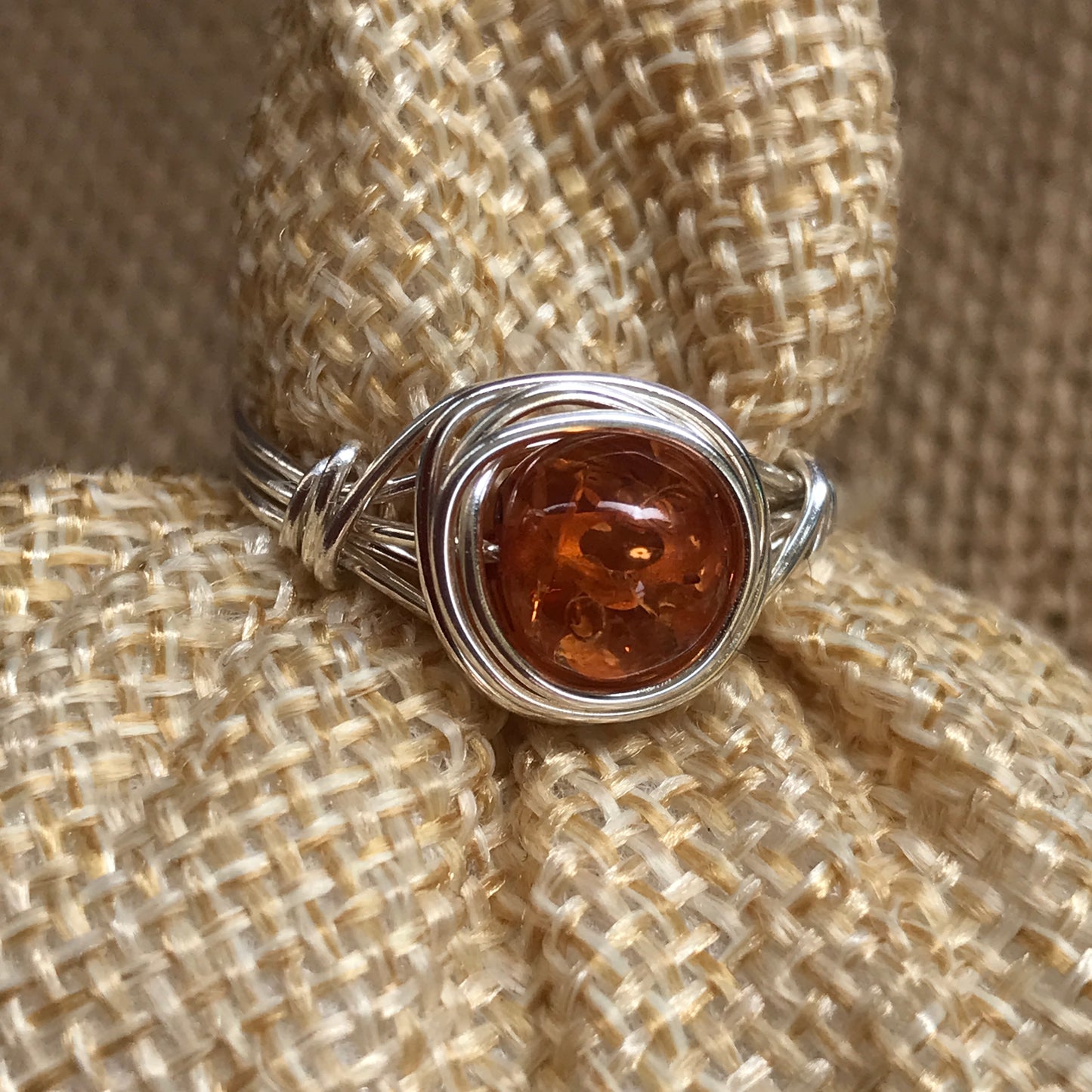 Silver Amber Wire Wrapped Ring