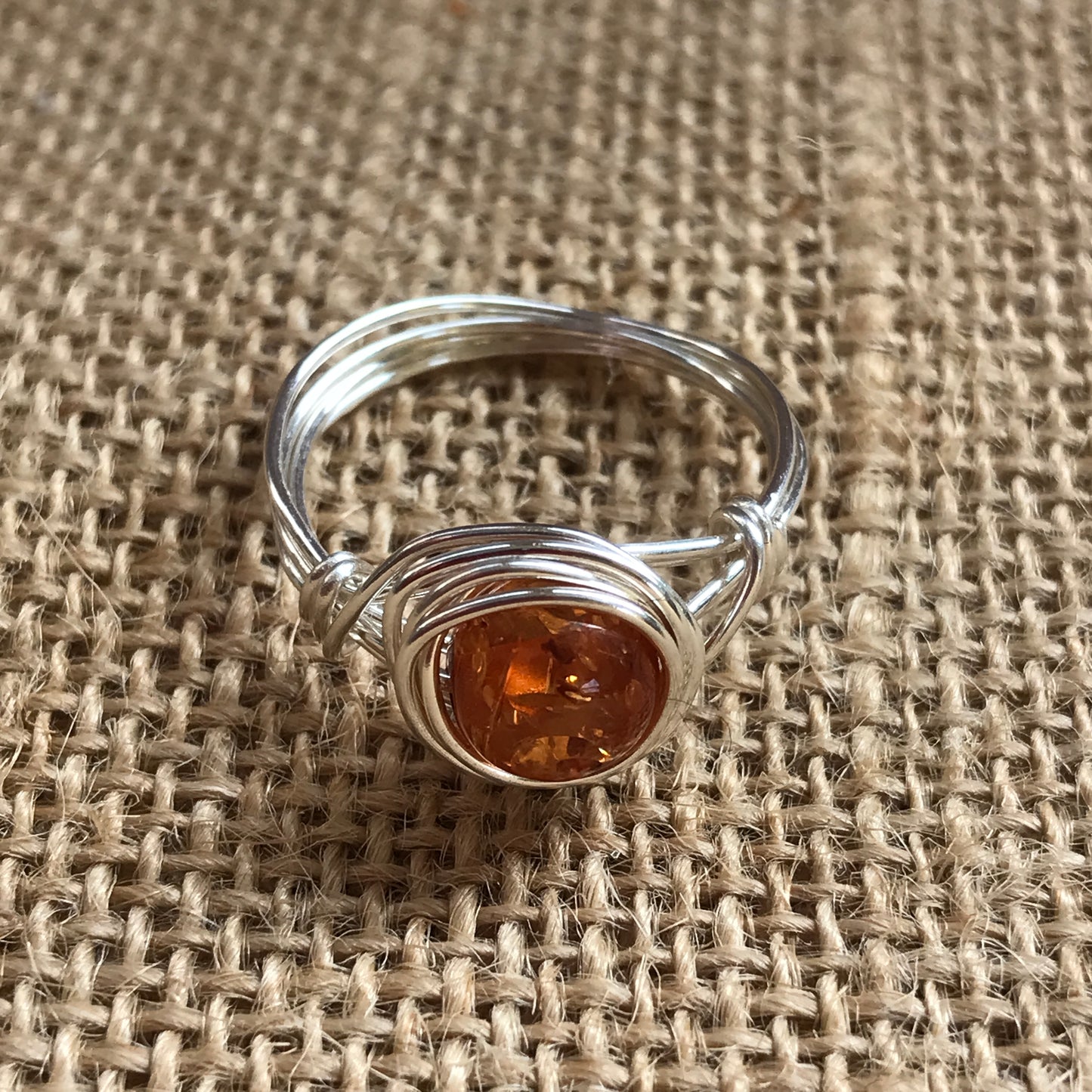 Silver Amber Wire Wrapped Ring