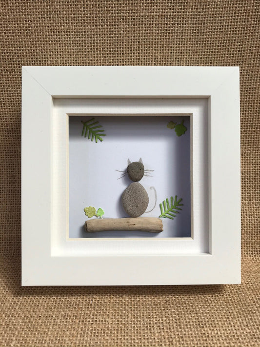 Handmade Cat Pebble Art Picture