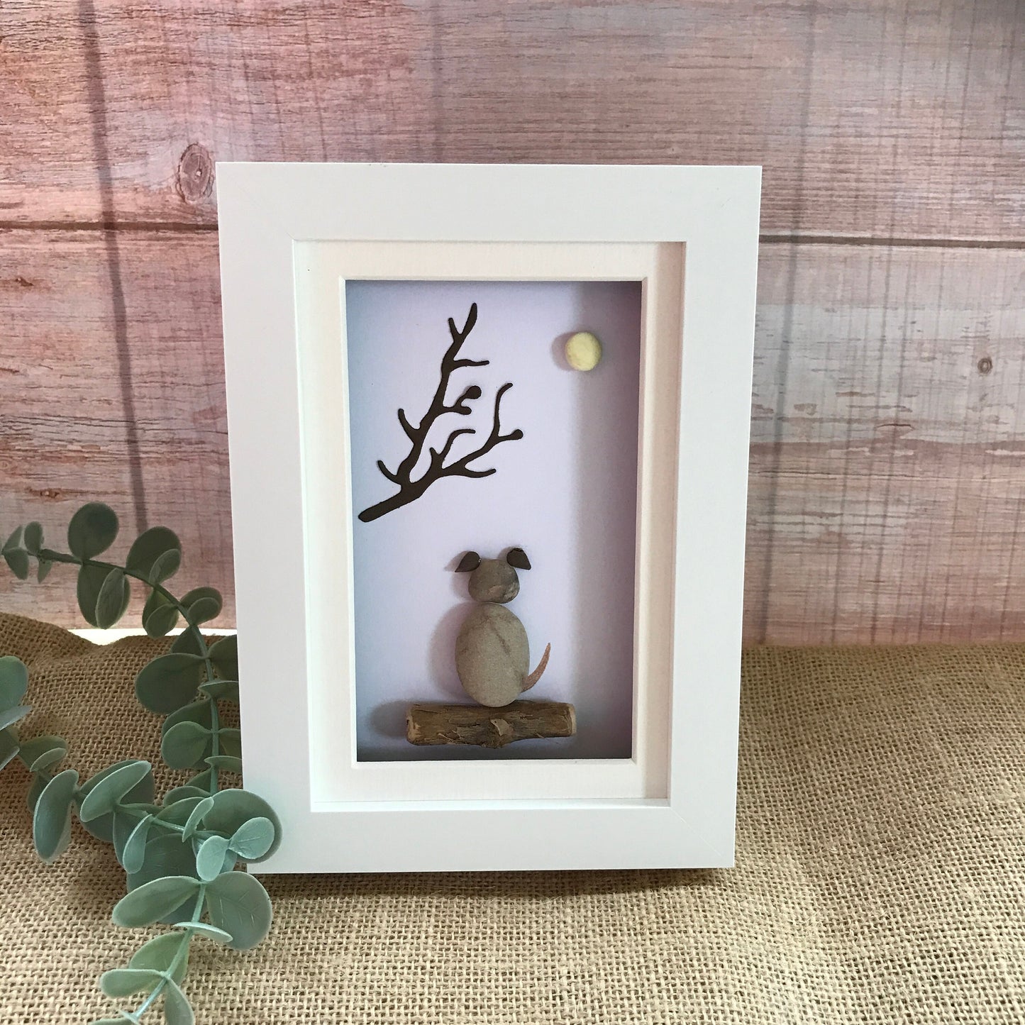 Handmade Dog and Moon Pebble Art Picture