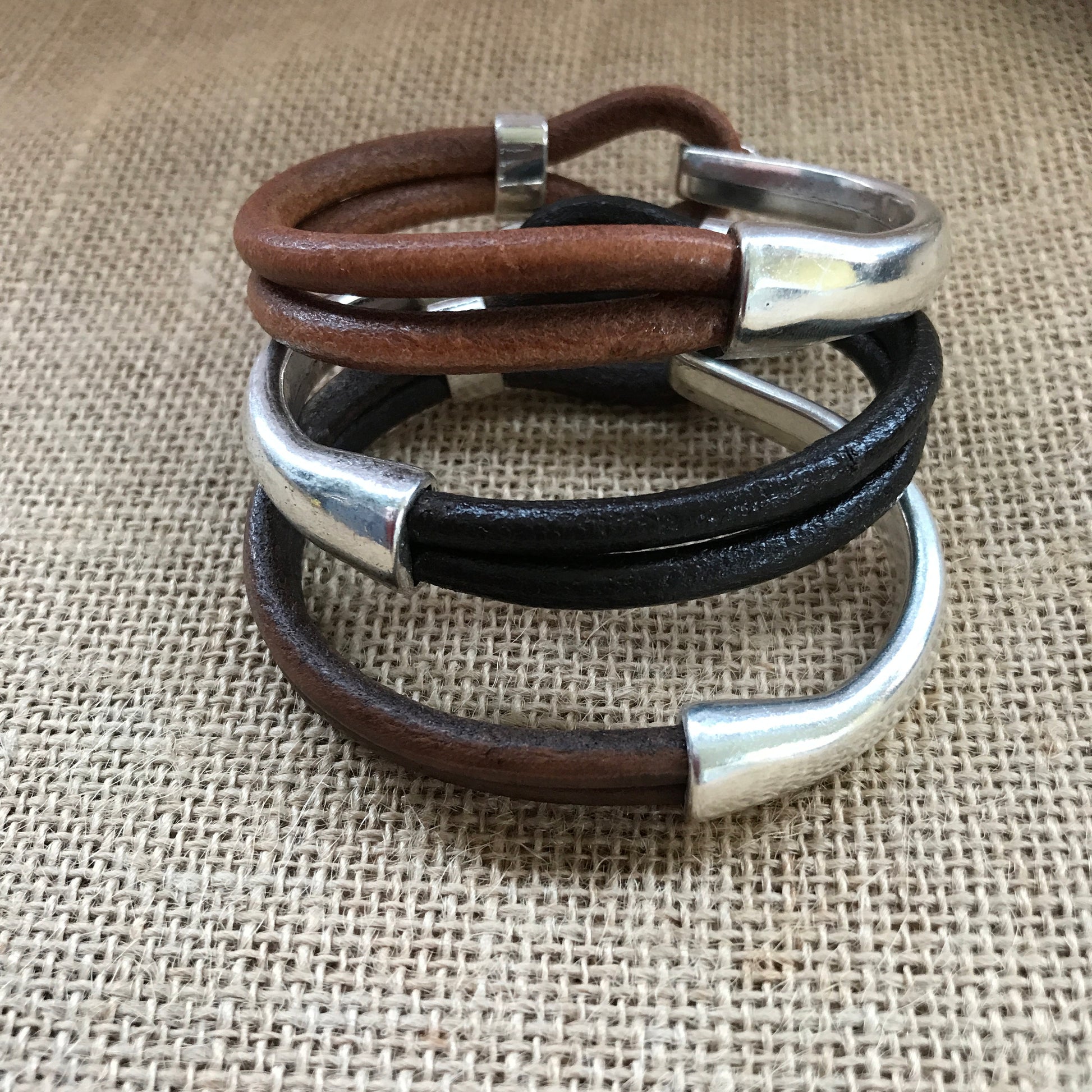 Cognac, Black, Antique Brown Leather Bracelets